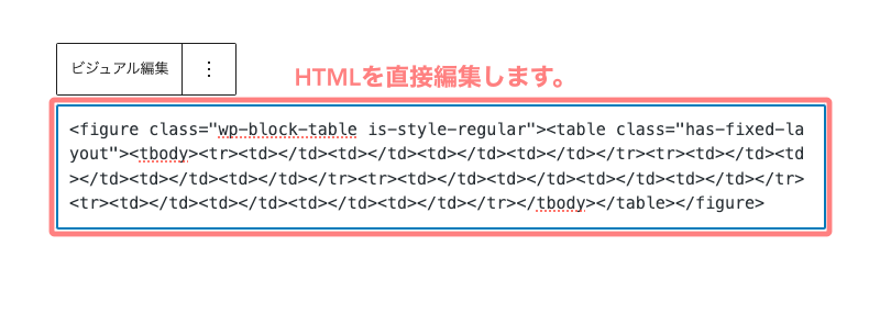 テーブルブロックのHTMLコードを表示している画面