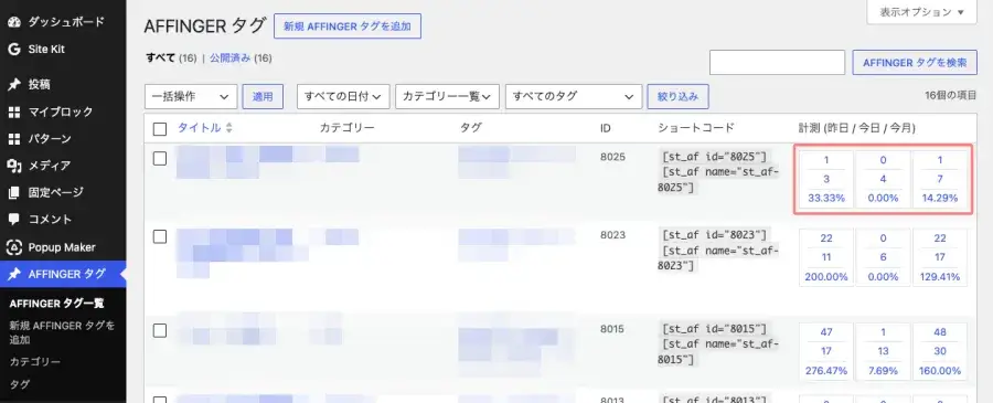 AFFINGERタグのクリック数・表示回数・CTRを確認する画面