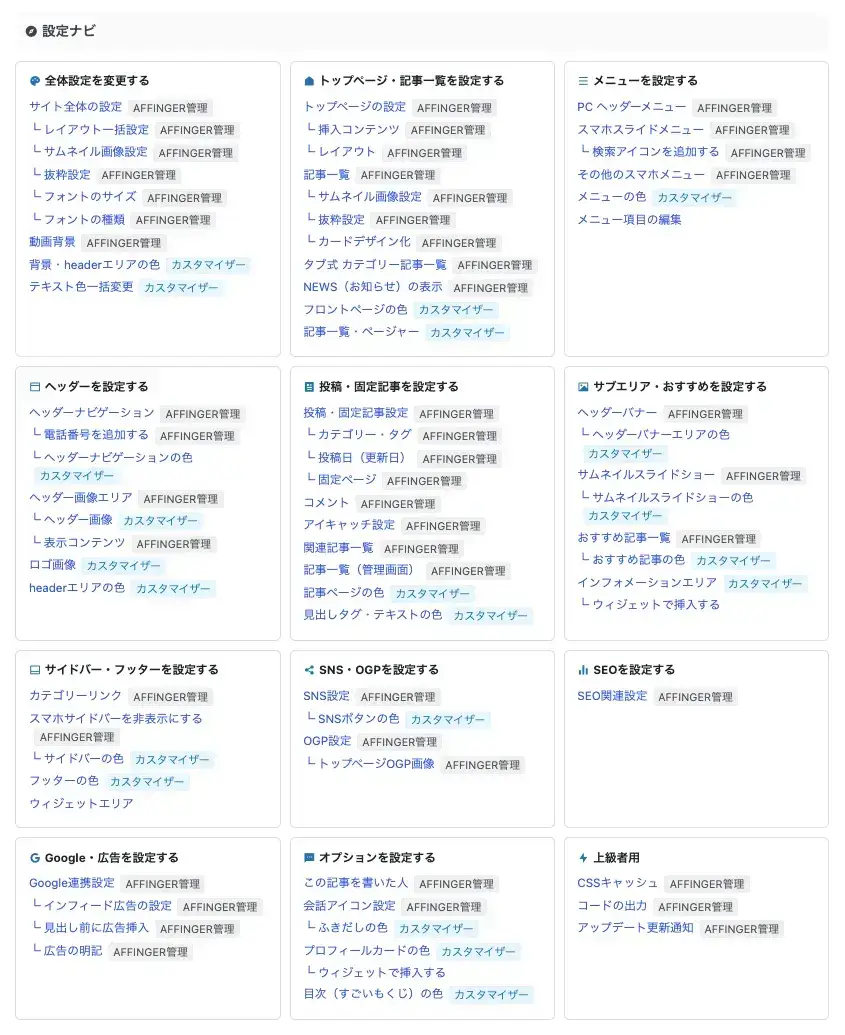 AFFINGER管理の設定ナビを拡大表示した画面