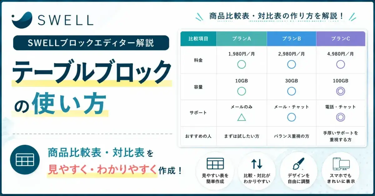 SWELLのテーブルブロックの使い方と商品比較表・対比表の作り方を解説
