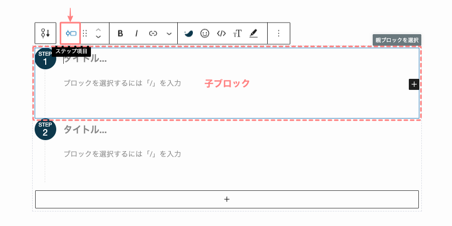 エディター画面でステップブロックの子ブロックを選択している状態