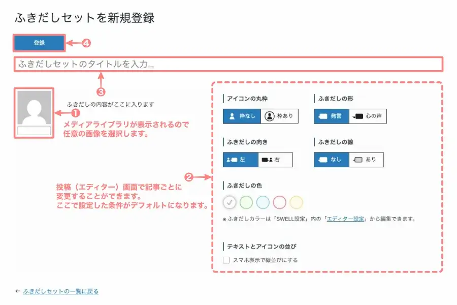 SWELL ふきだしセットの新規登録手順を示した詳細図（WordPress管理画面）