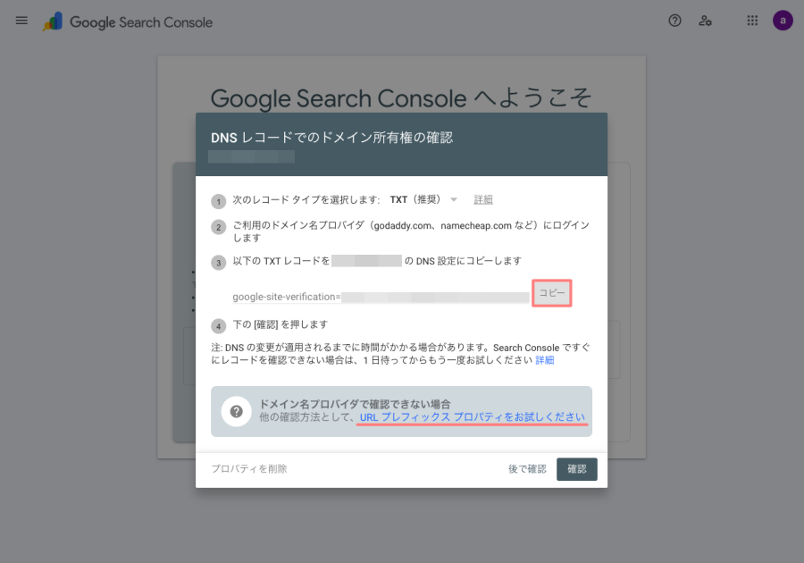 3555-7a｜Google Search Console｜DNS レコードでのドメイン所有権の確認