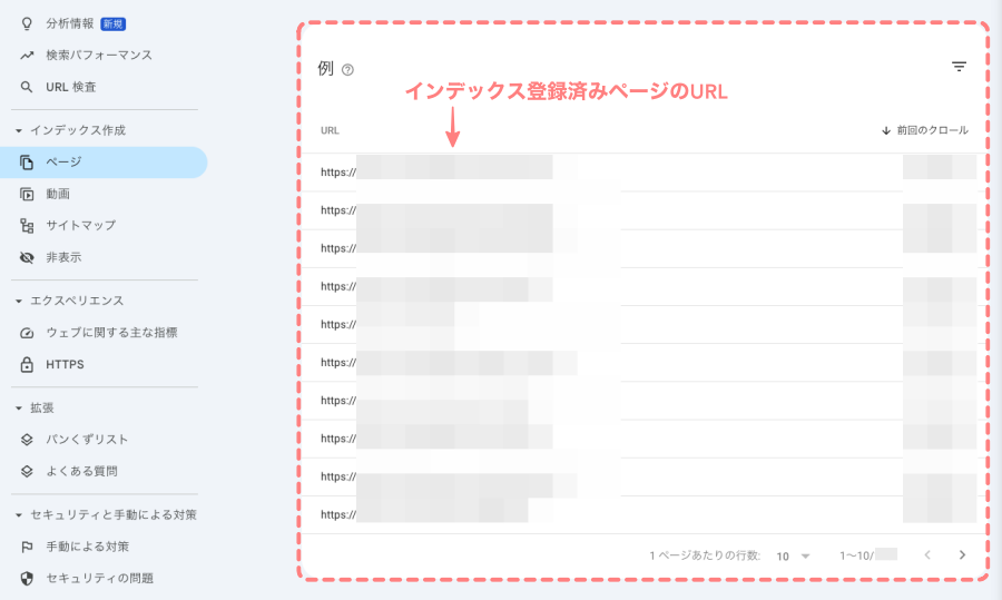 4043-10｜Google Search Console｜インデックス作成｜ページ｜ページのインデックス登録｜インデックス登録済みページ数