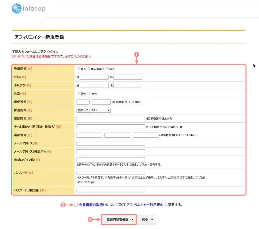 インフォトップのアフィリエイター新規登録画面